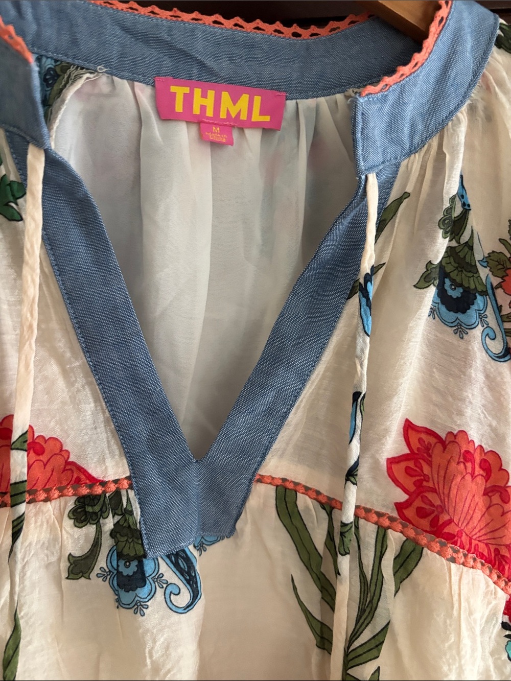 THML cream Floral Embroidered Peasant Blouse with Coral & Blue Accents - Picture 6 of 7